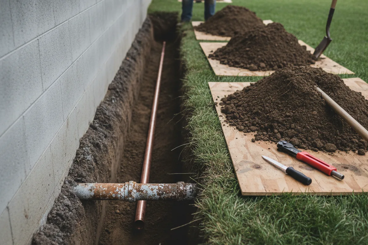 Excavated water line trench during Water Heater Repair in Eugene